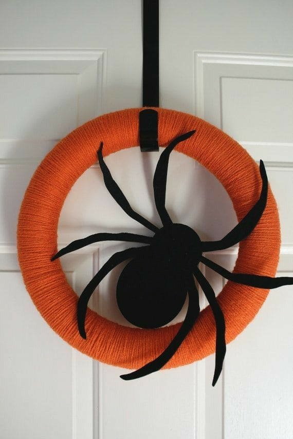 Bold Orange Yarn Wreath with Giant Spider
