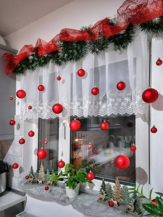 Classic Red Baubles and Cozy Curtain Charm