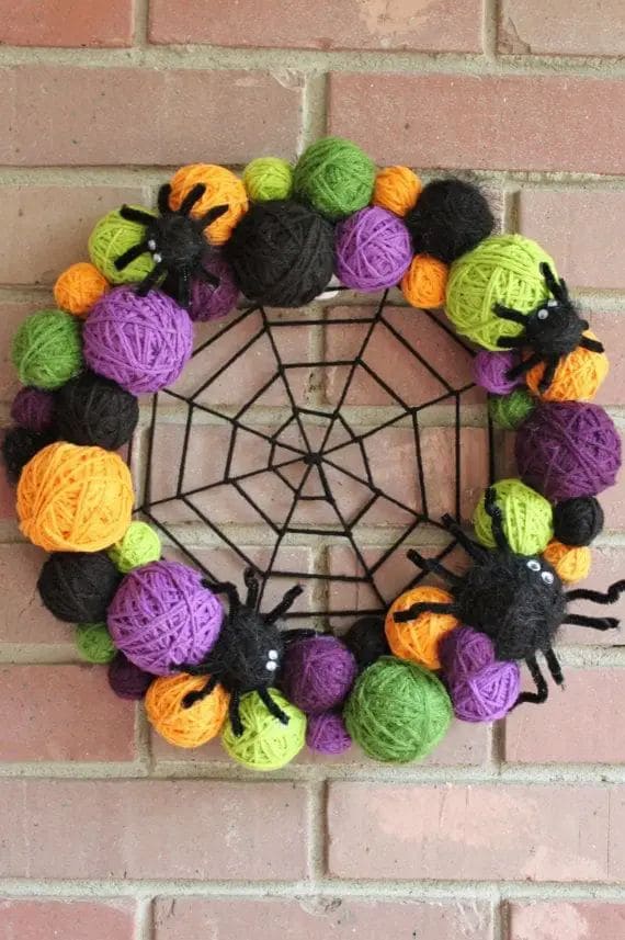 Colorful Yarn Ball Spider Wreath