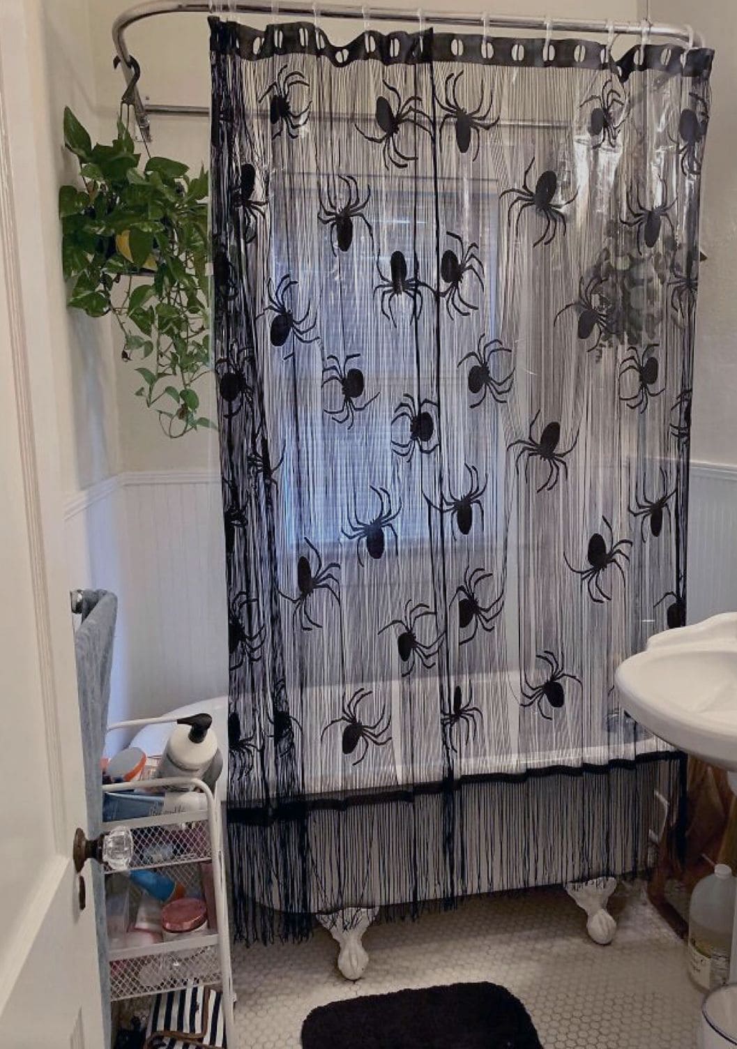 Dangling Spider Shower Curtain with Lace Fringe