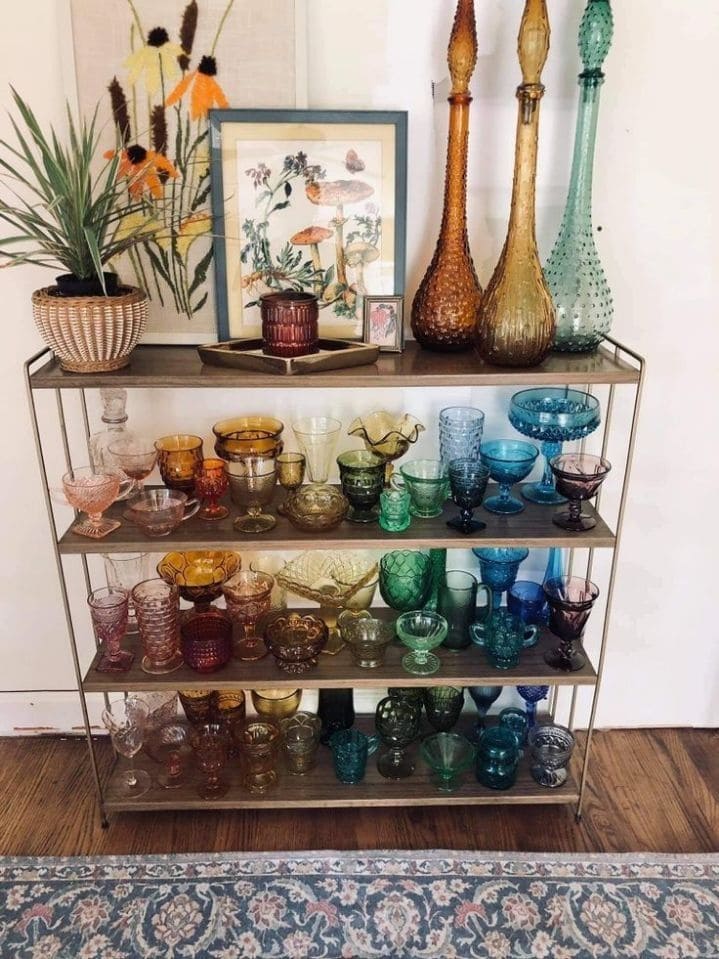 Eclectic Rainbow Glassware on Open Metal Shelving