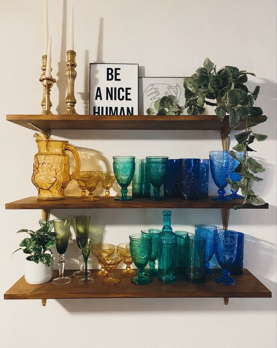 Floating Shelves with Bold-Colored Glassware