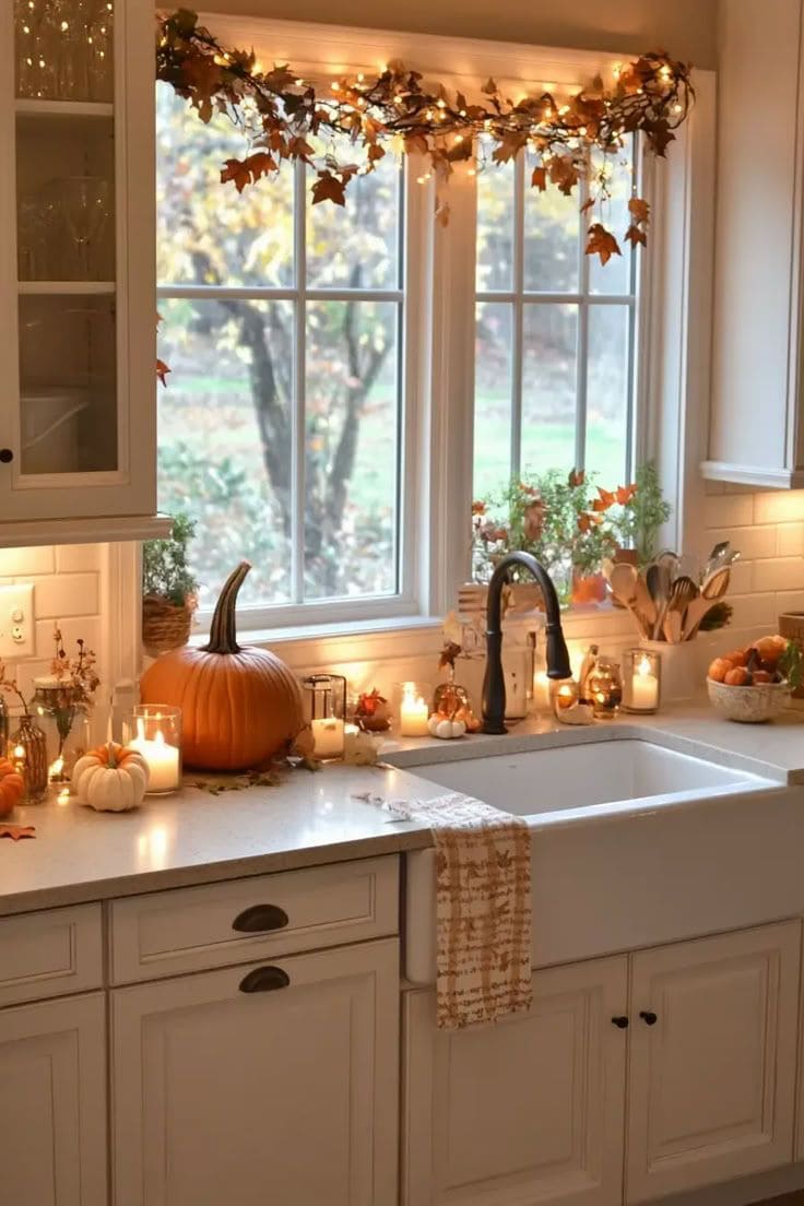 Glowing Autumn Window Kitchen with Candlelit Magic