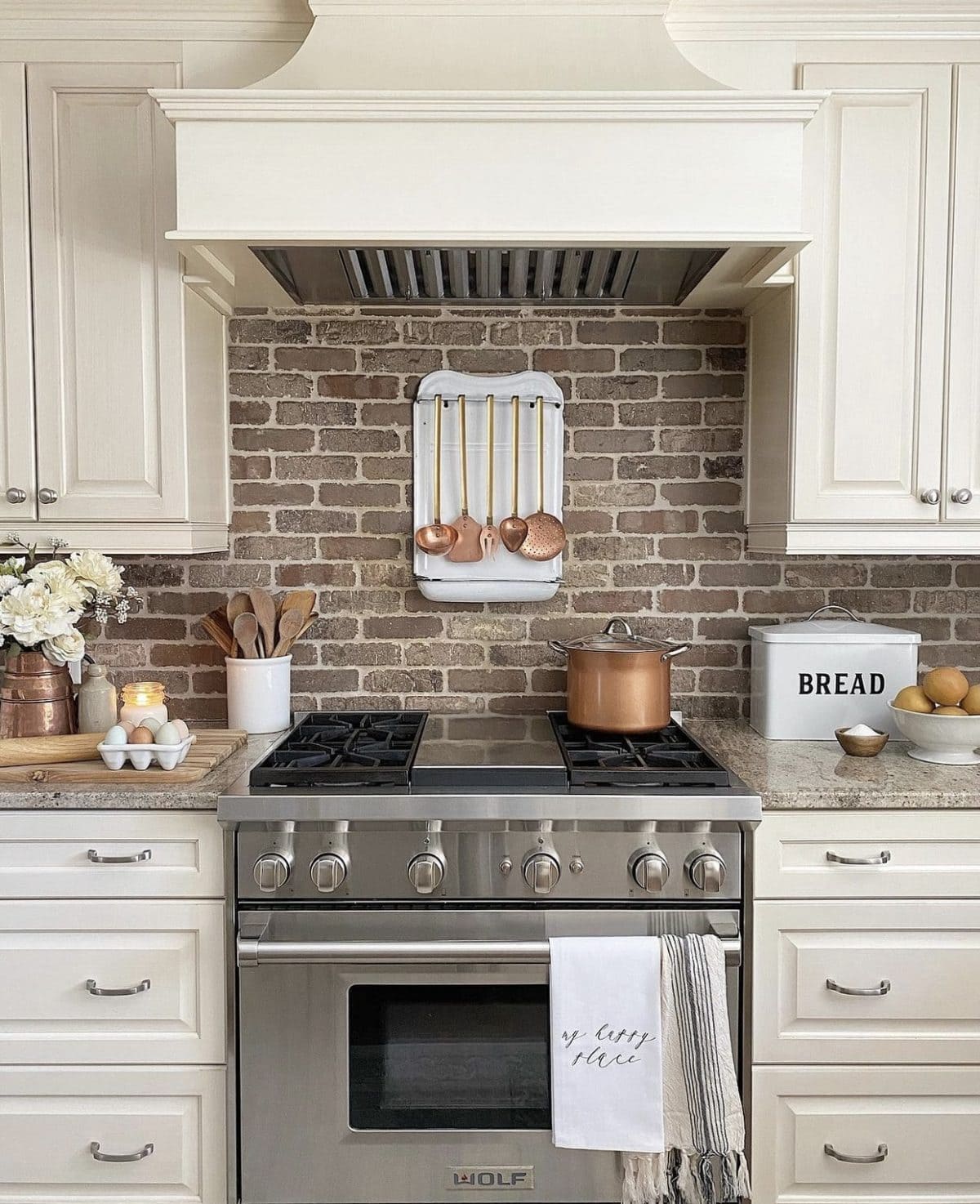 Rustic Brick Backsplash with Farmhouse Warmth