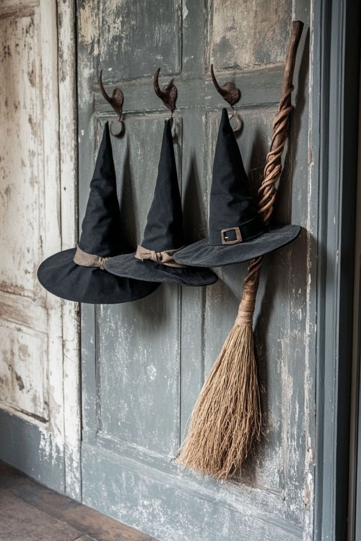 Rustic Witch Hat and Broom Display