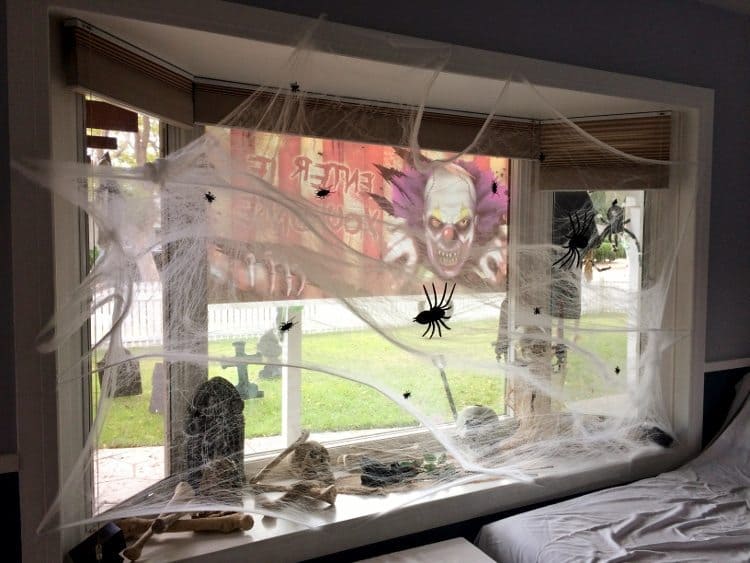 Spider Web Horror Window with Creepy Clown Backdrop