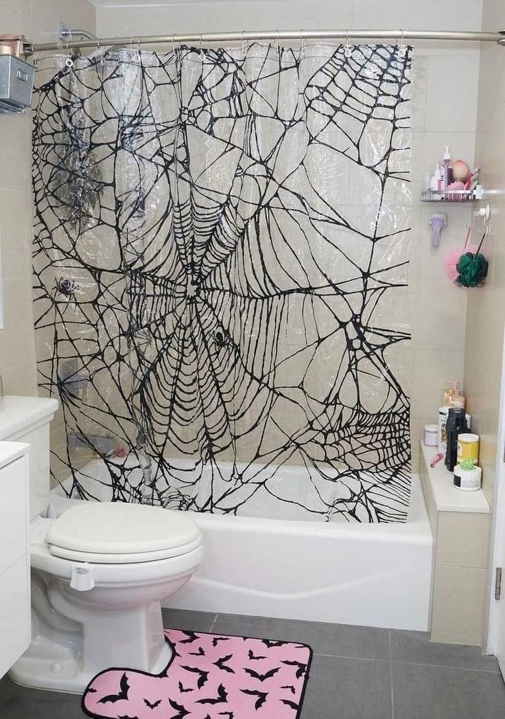 Spiderweb Shower Curtain and Bat Mat Combo