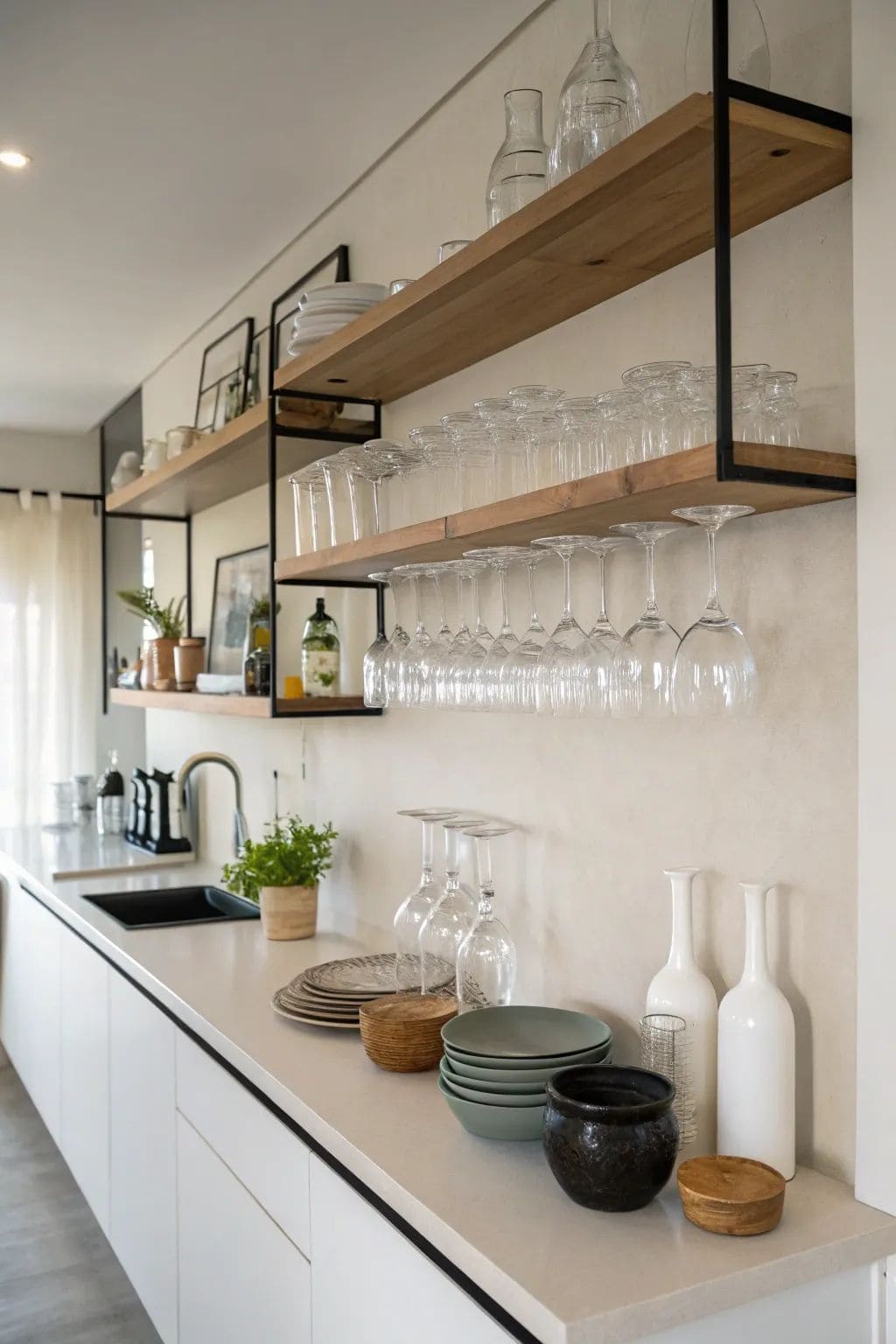 Streamlined Floating Shelves for a Modern Kitchen