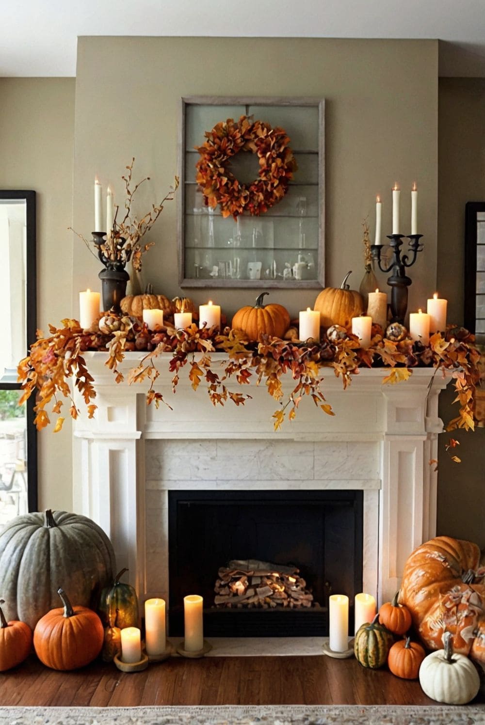 Autumn Candlelight Mantel with Pumpkin Abundance