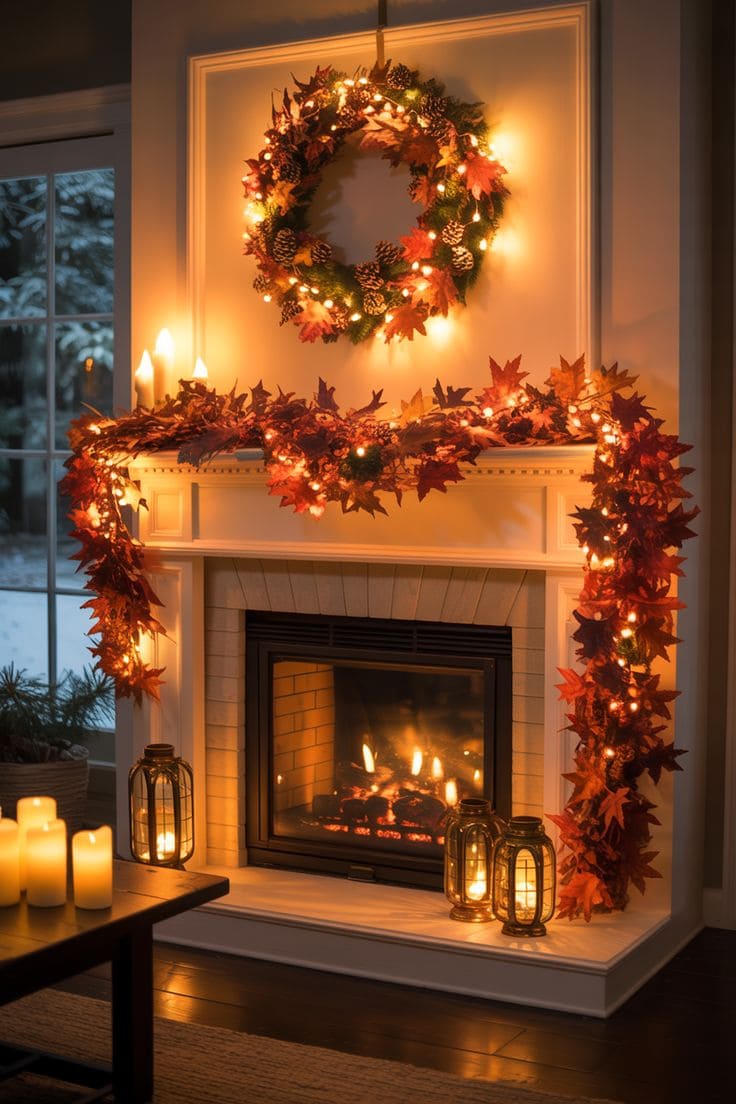 Autumn Glow Mantel with Garland Lights