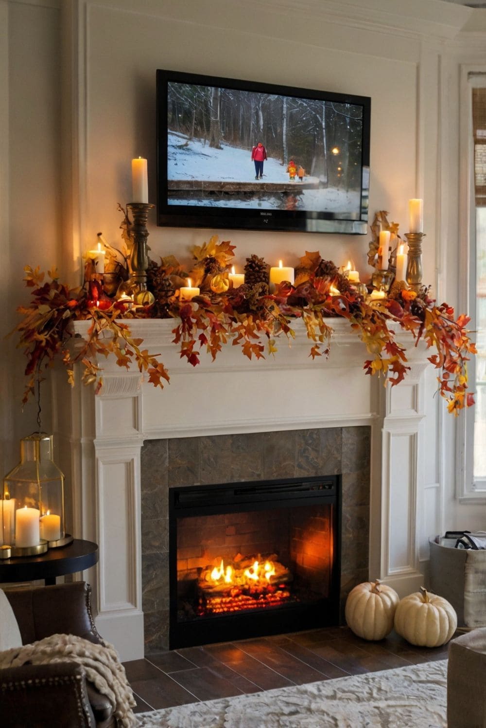 Candlelit Harvest Mantel with Autumn Leaves