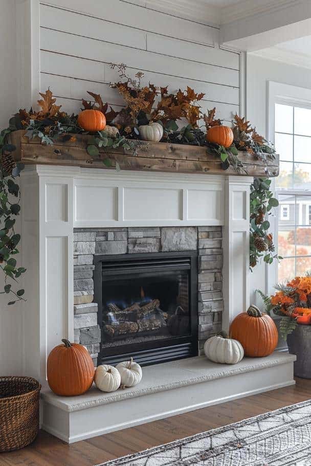 Classic Farmhouse Mantel with Pumpkins and Greenery