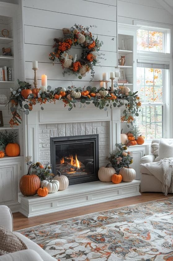 Elegant Farmhouse Mantel with Pumpkins and Eucalyptus