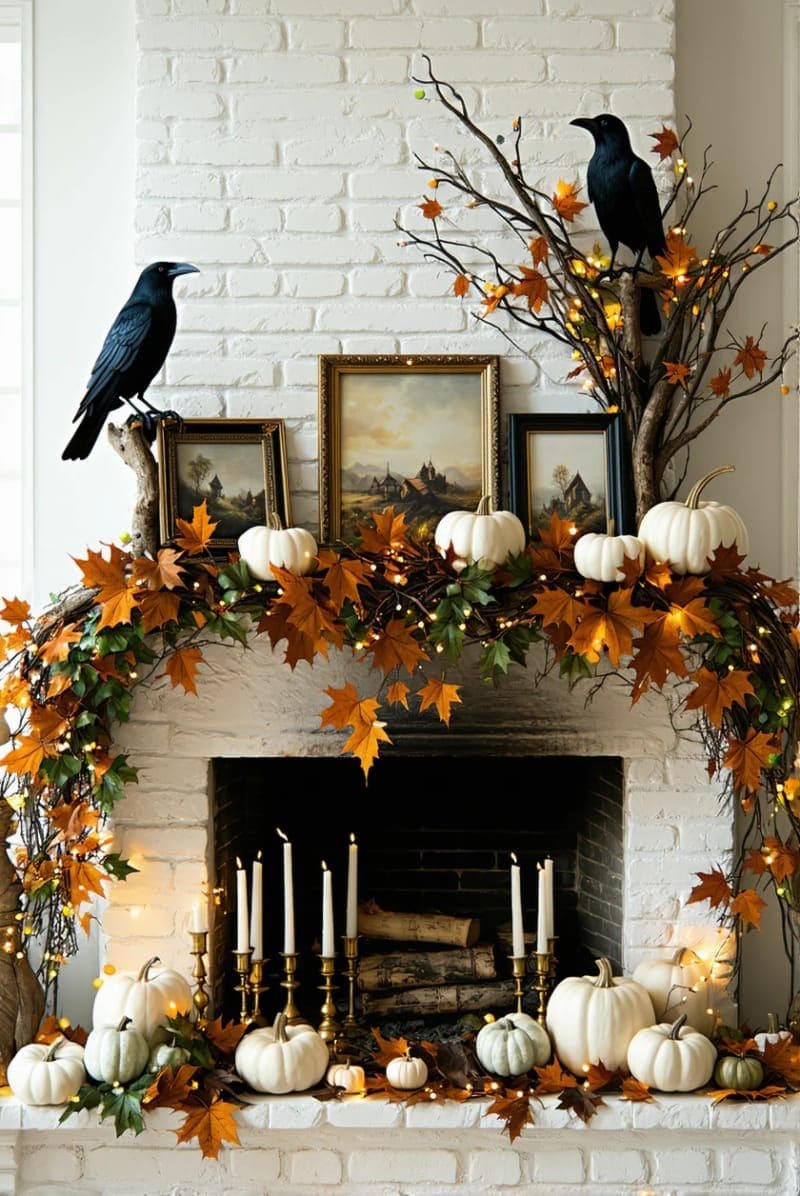 Enchanted Autumn Mantel with Ravens and Lantern Glow