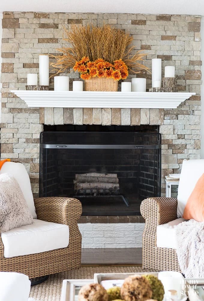 Harvest Wheat Mantel with Bright Autumn Blooms