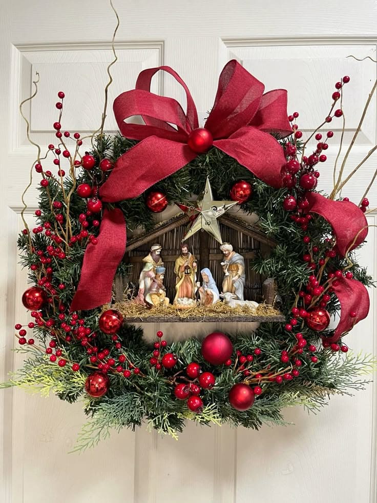 Nativity Scene Wreath with Bold Red Accents