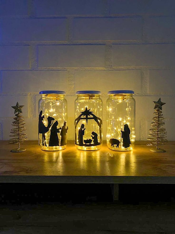 Nativity Scene in Lighted Jars