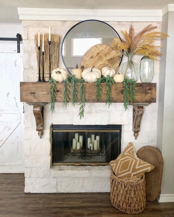 Neutral Harvest Mantel with Natural Greenery