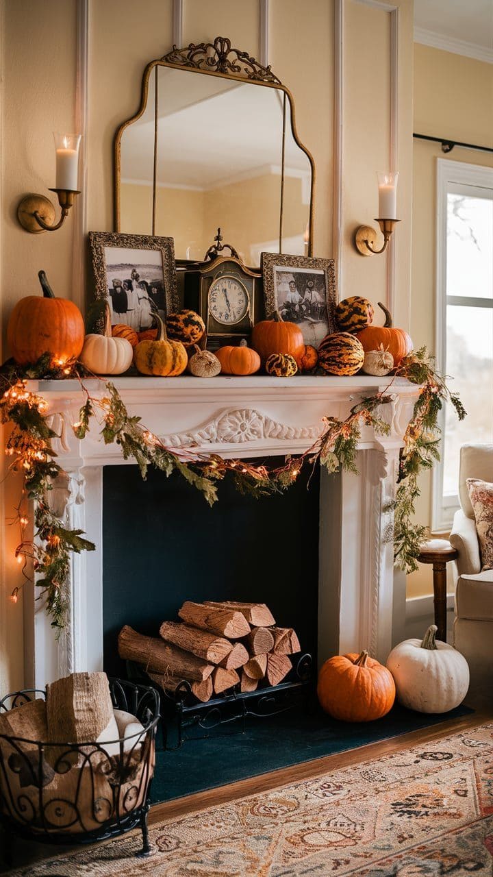 Pumpkin Harvest Mantel with Vintage Charm