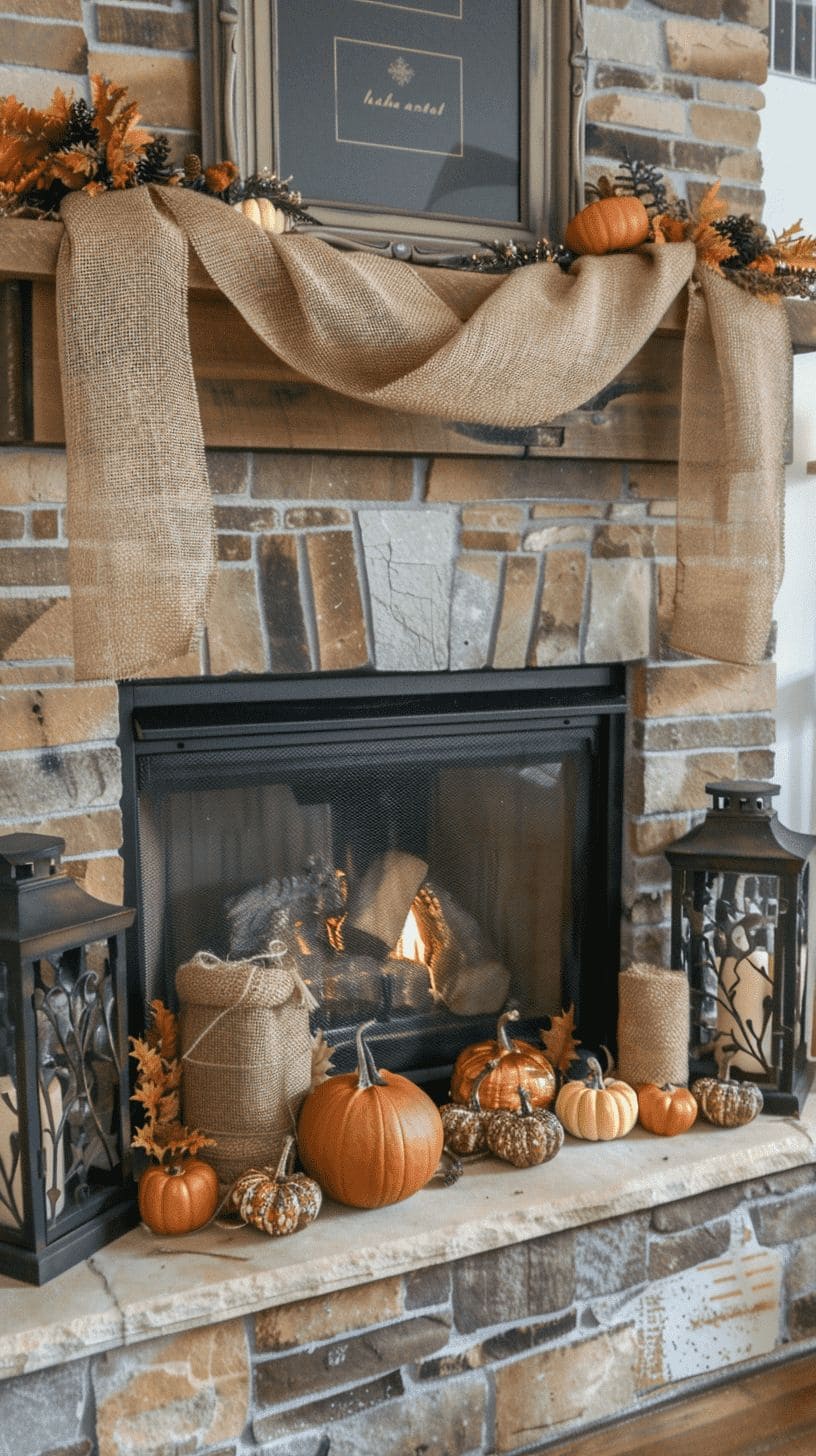 Rustic Burlap Mantel with Harvest Pumpkins