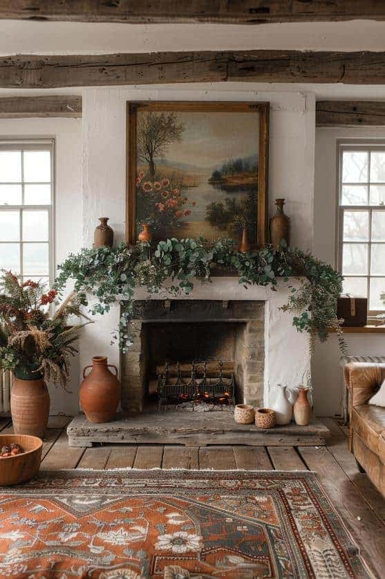 Rustic Nature-Inspired Mantel with Eucalyptus Garland