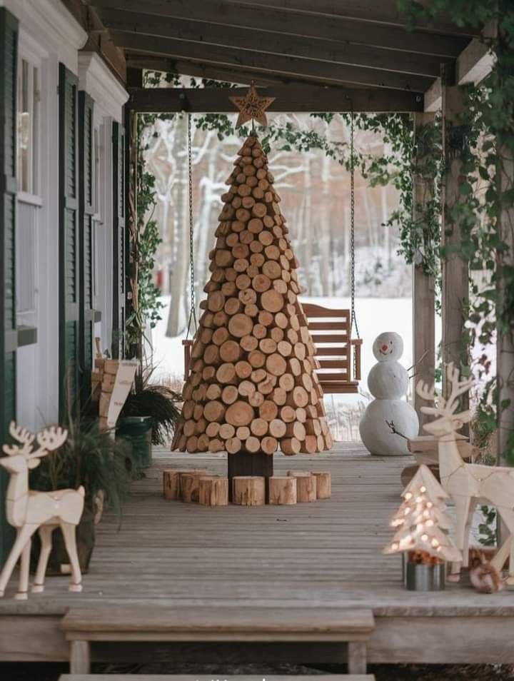Stacked Log Christmas Tree for a Rustic Porch Display