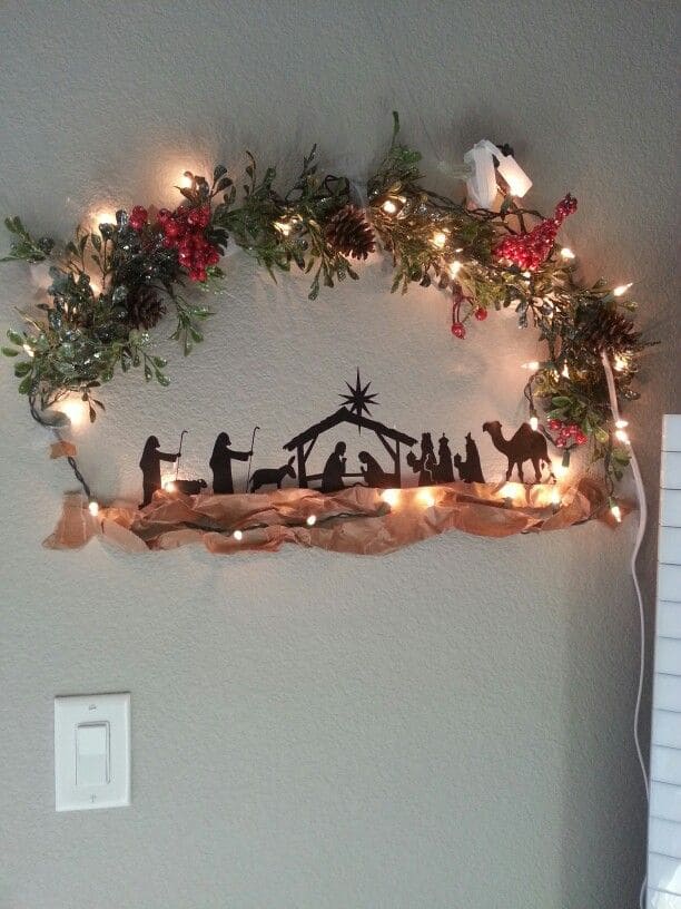 Wall-Mounted Silhouette Nativity with Garland Lights
