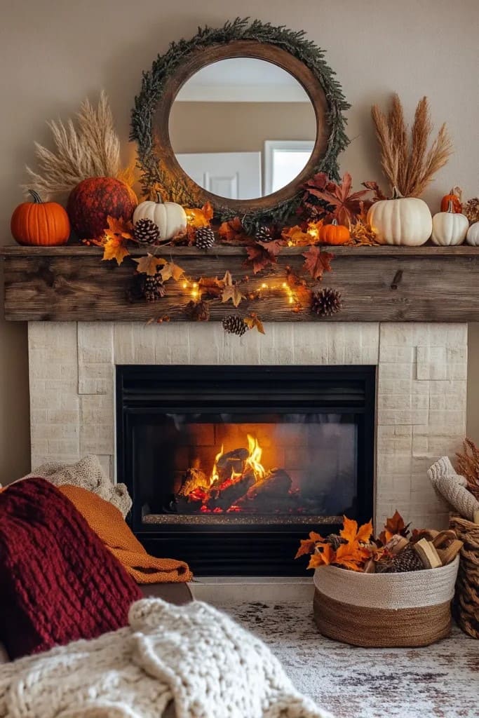 Warm Glow Mantel with Pumpkins and Pinecones