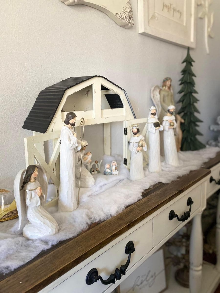 Whitewashed Nativity Scene on Faux Snow