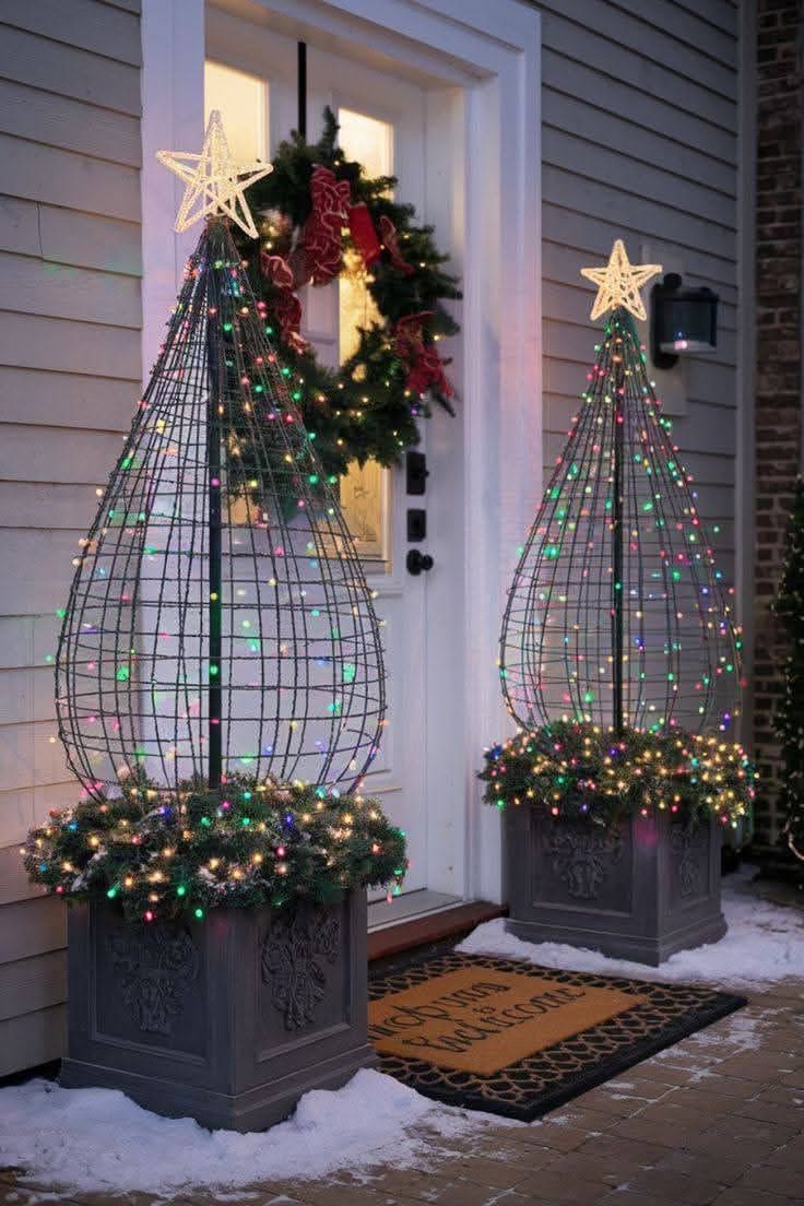 Wire Cage Lighted Christmas Trees
