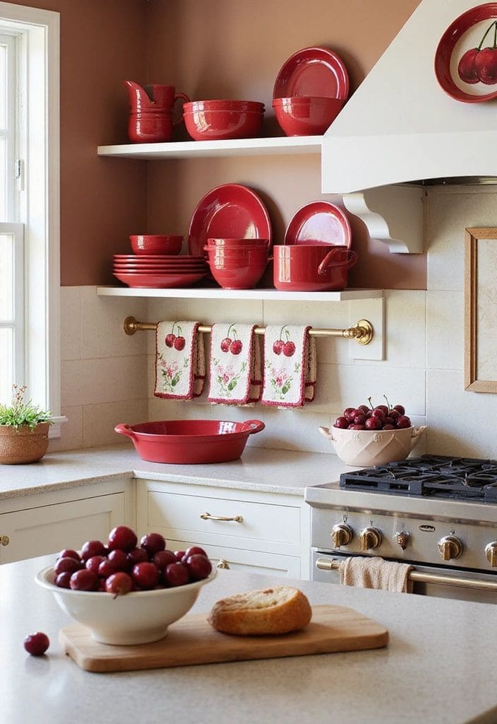 Charming Kitchen with Red Dishware Display