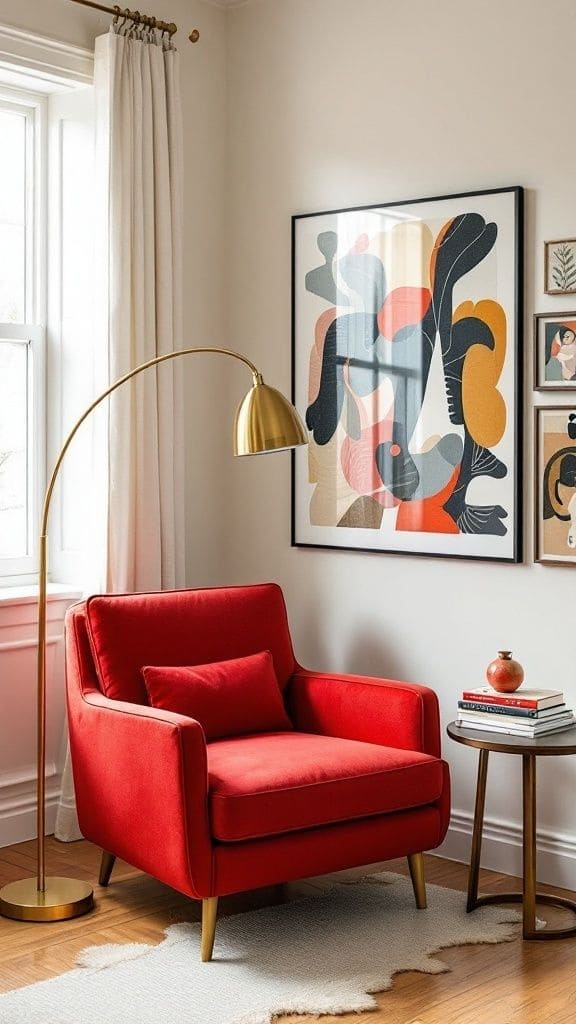 Cozy Reading Nook with Red Accent Chair