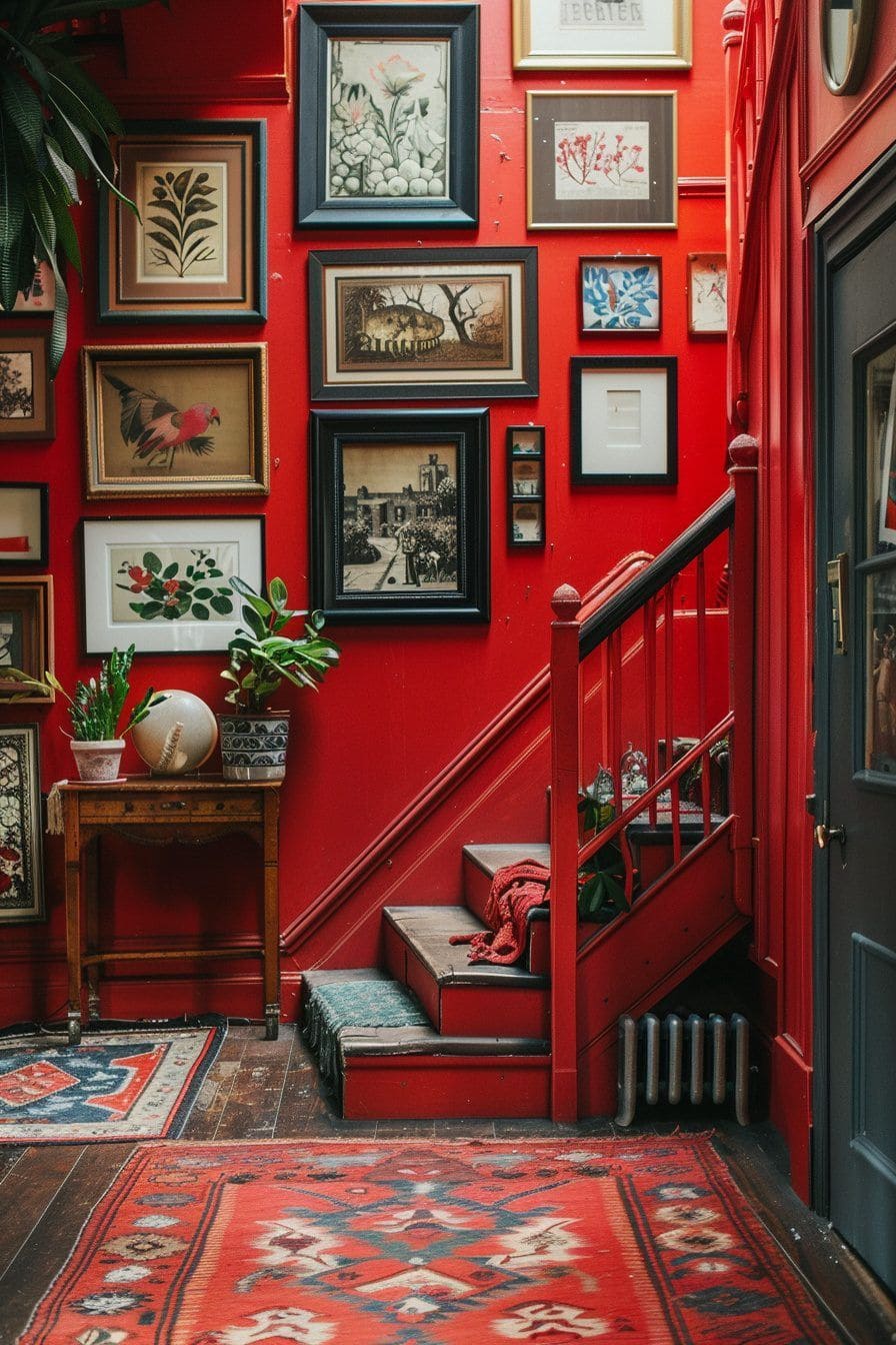 Eclectic Stairway with Red Walls