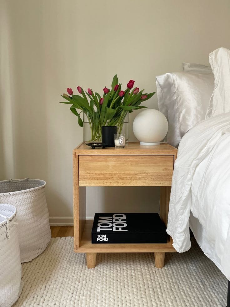 Elegant Wood Nightstand with Fresh Accents