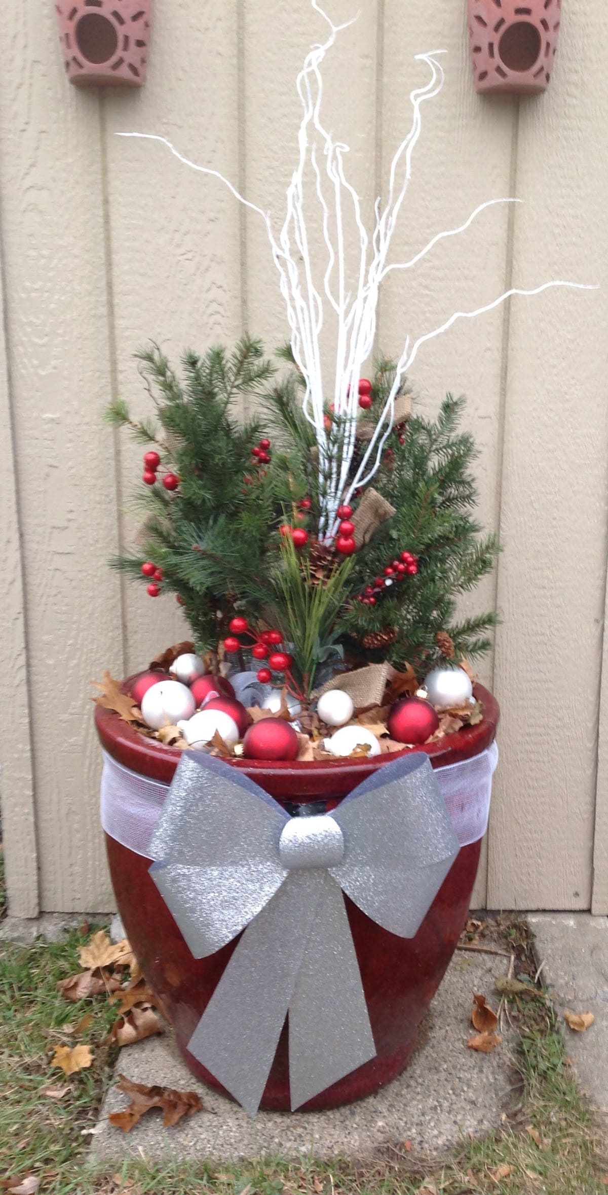 Festive Evergreen Planter with Silver Bow