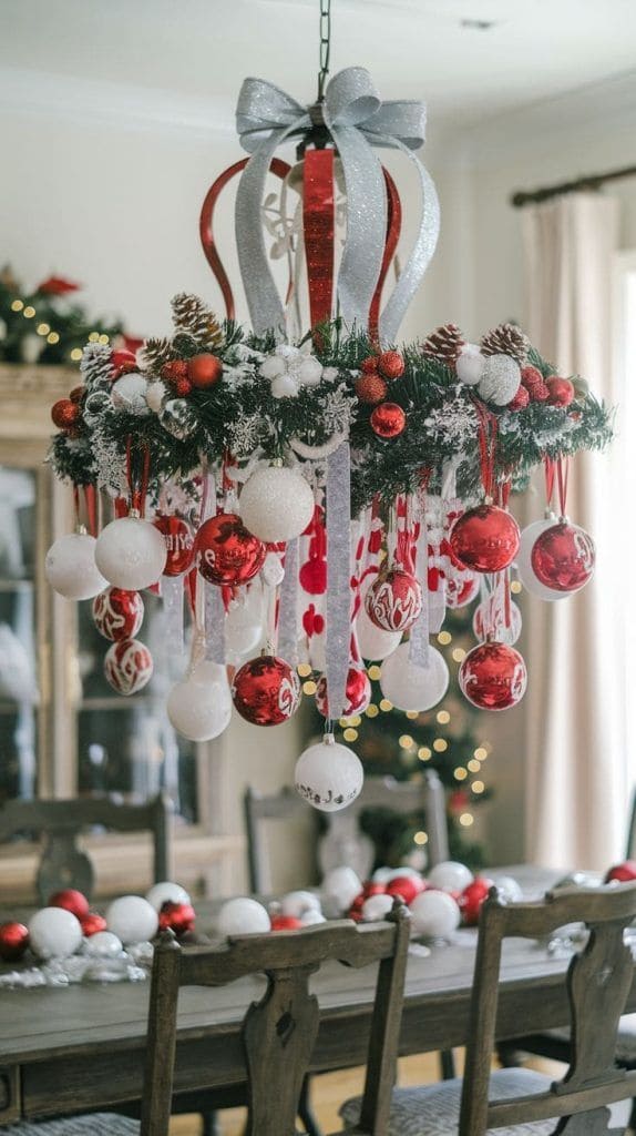 Festive Ribbon and Ornament Chandelier