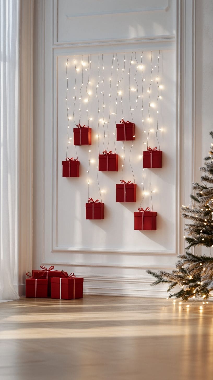 Festive Wall of Red Gift Boxes