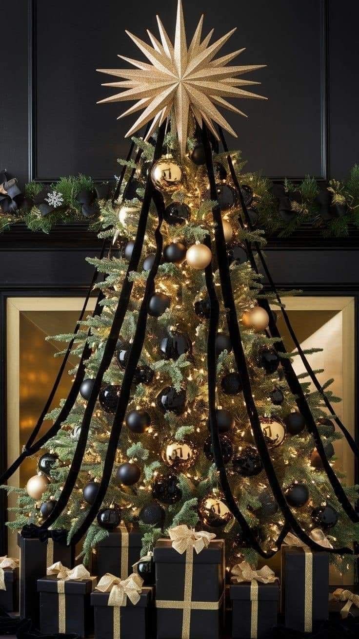 Glamorous Star-Topped Black and Gold Tree
