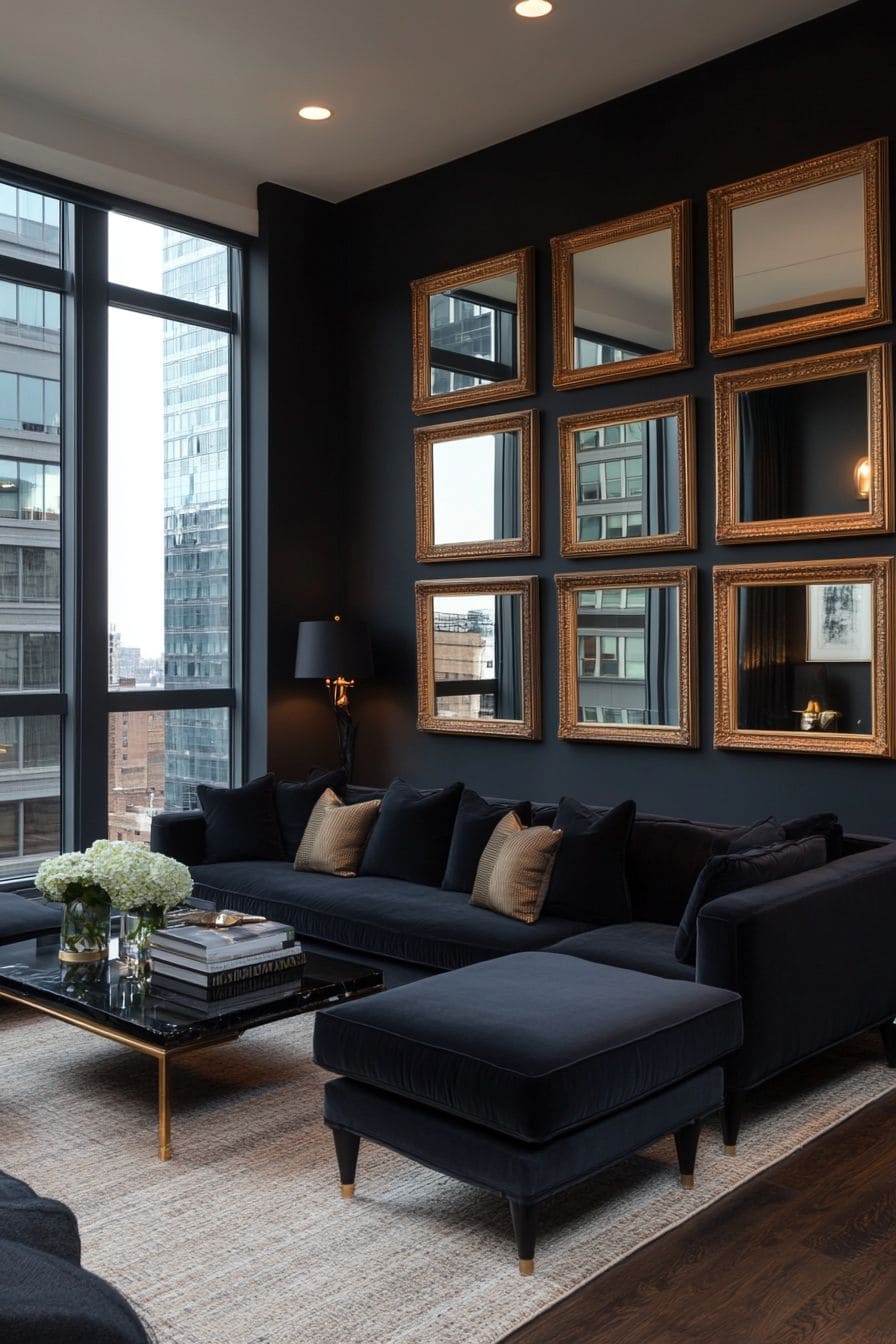 Golden Frame Mirror Grid Elegance