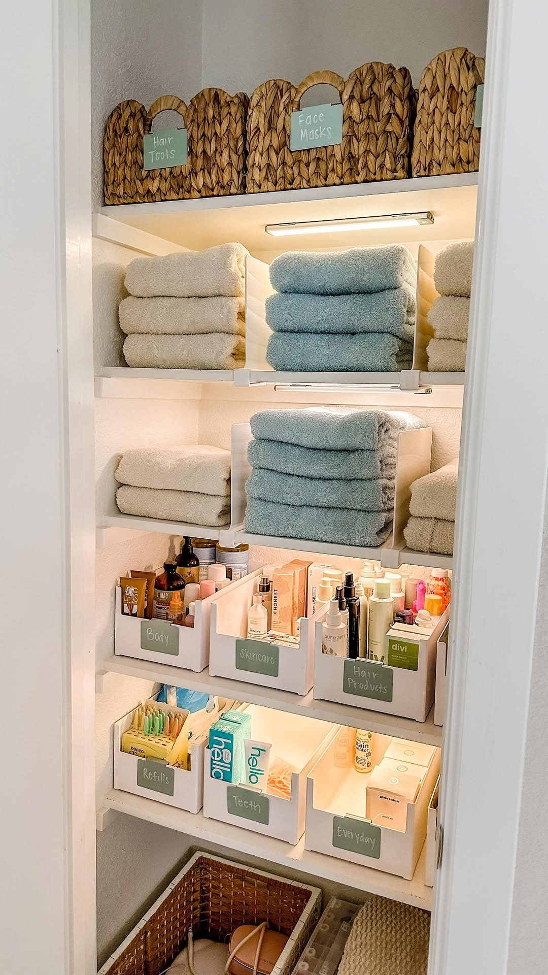 Labeled Linen Closet Organizer