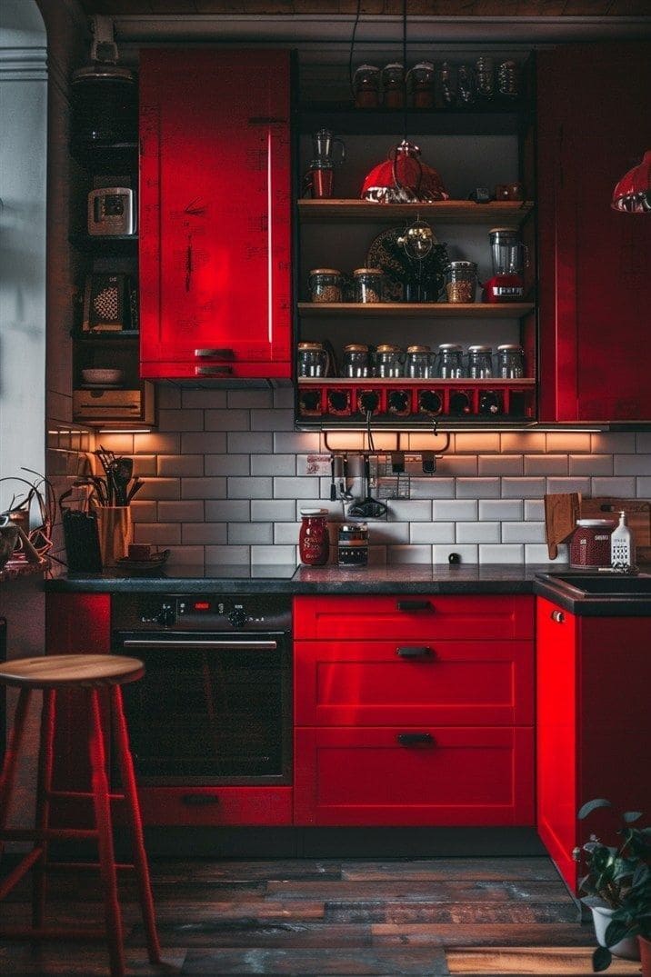 Moody Kitchen with Red Cabinets
