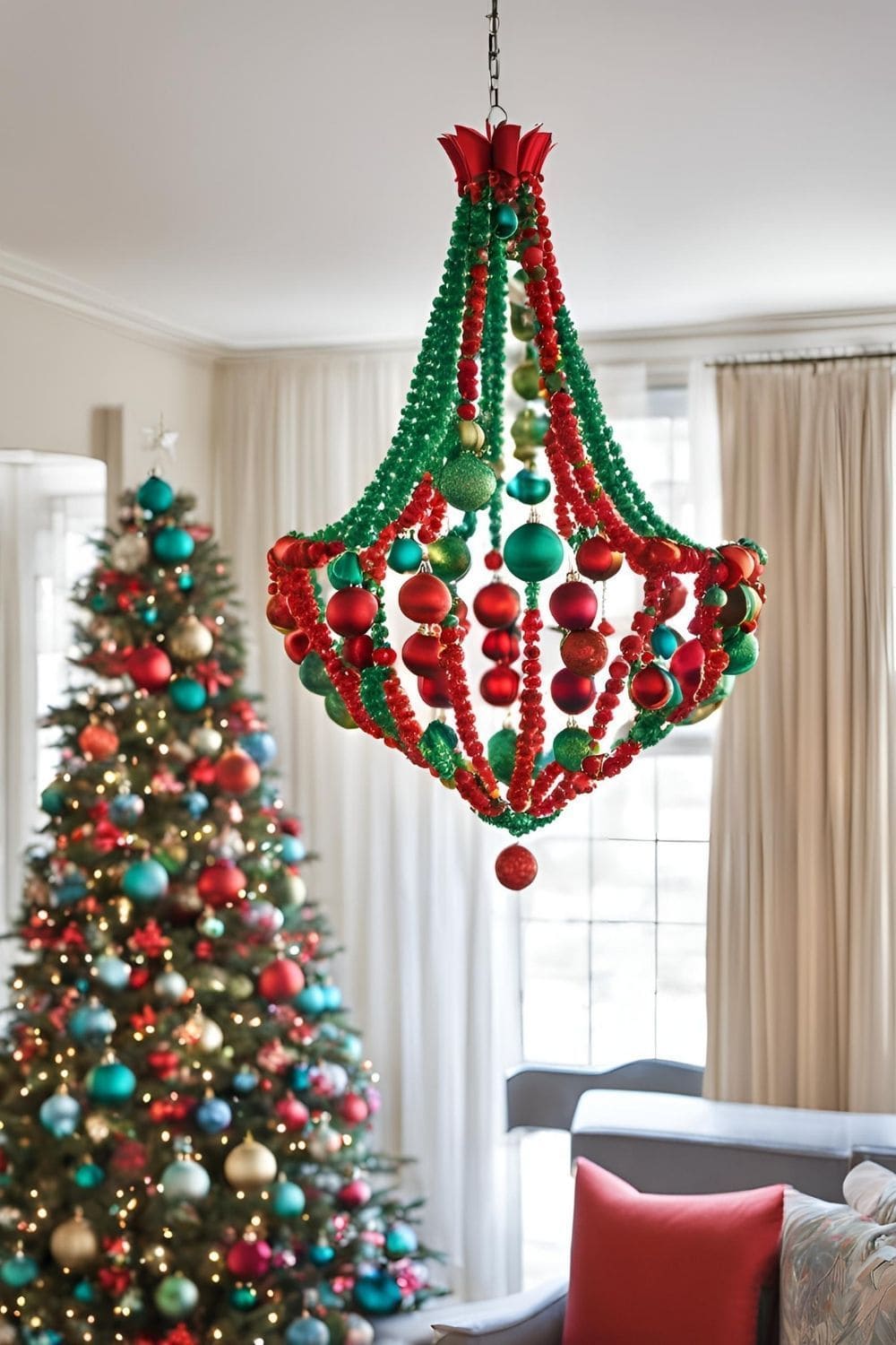 Playful Red and Green Beaded Chandelier