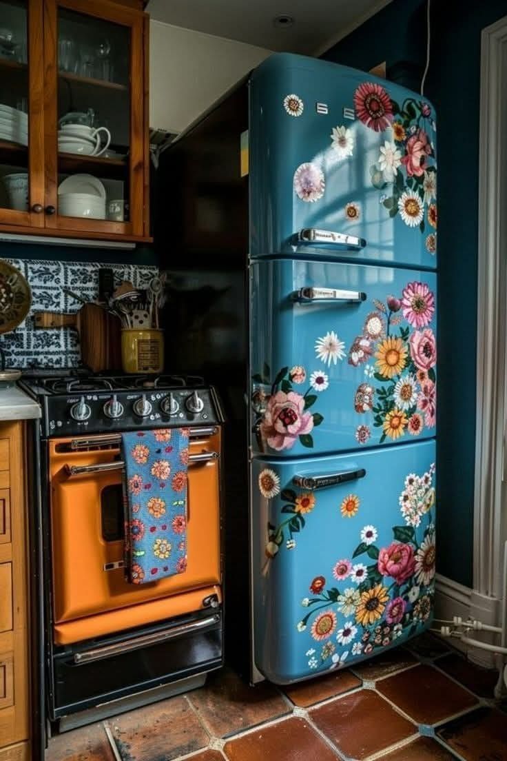 Retro Blue Floral Fridge Wrap