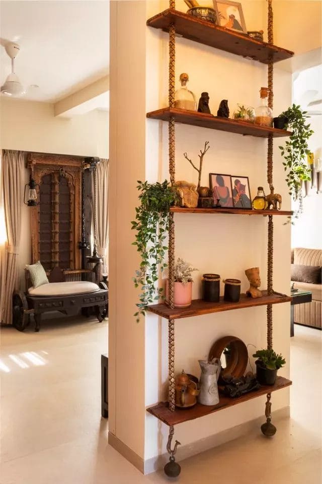 Rope-Hung Rustic Display Shelves