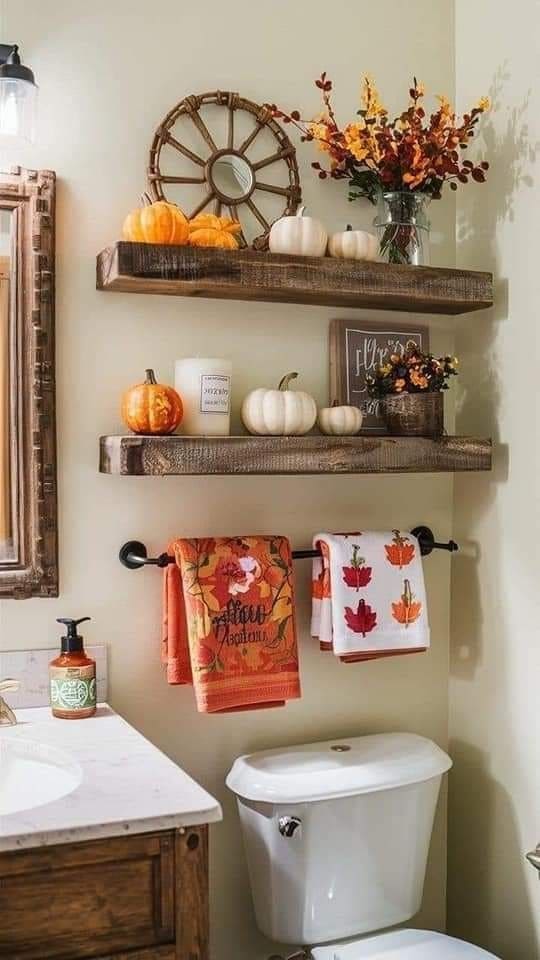 Rustic Autumn Bathroom Shelf Styling