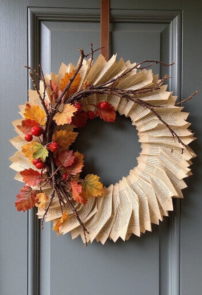 Rustic Book Page Thanksgiving Wreath