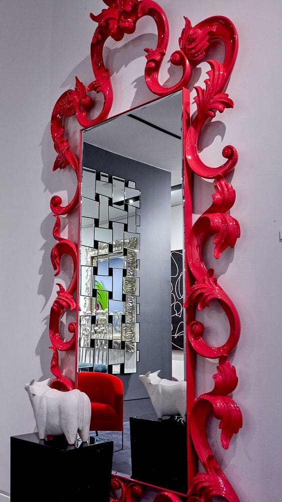 Statement Mirror with Red Ornate Frame