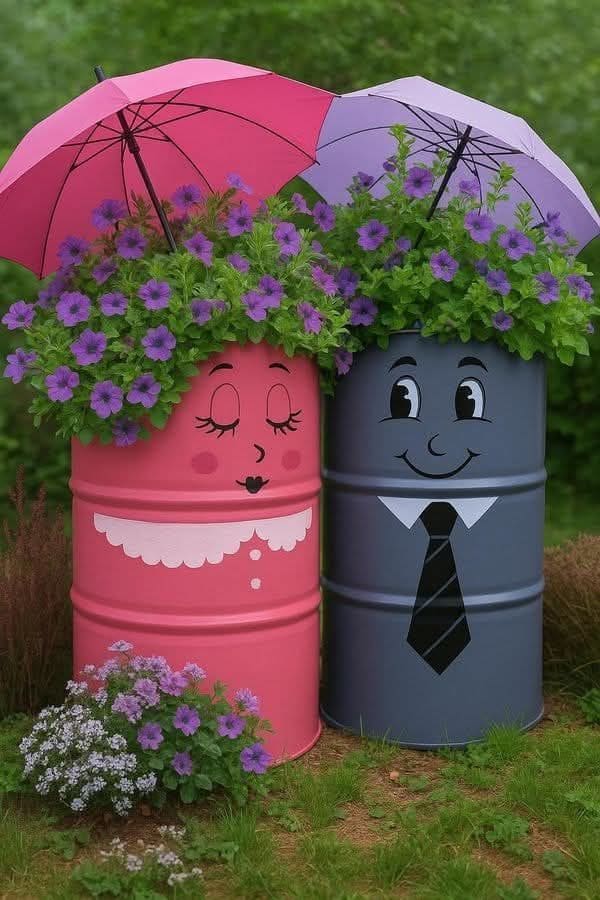 Adorable Couple Oil Drum Planters