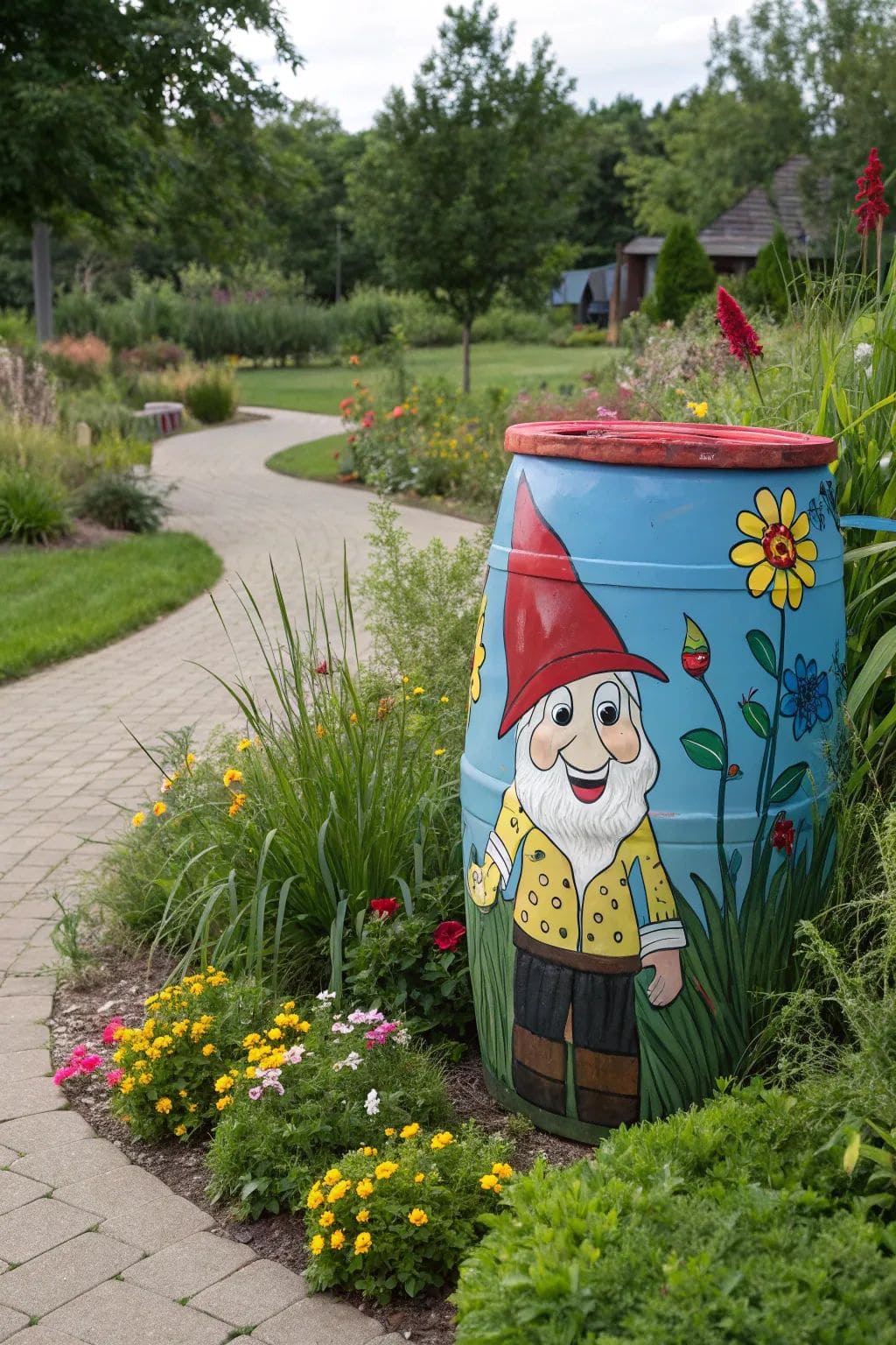 Cheerful Garden Gnome Rain Barrel