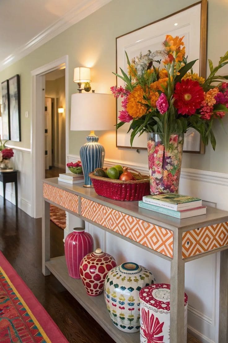 Colorful Console with Decorative Vases